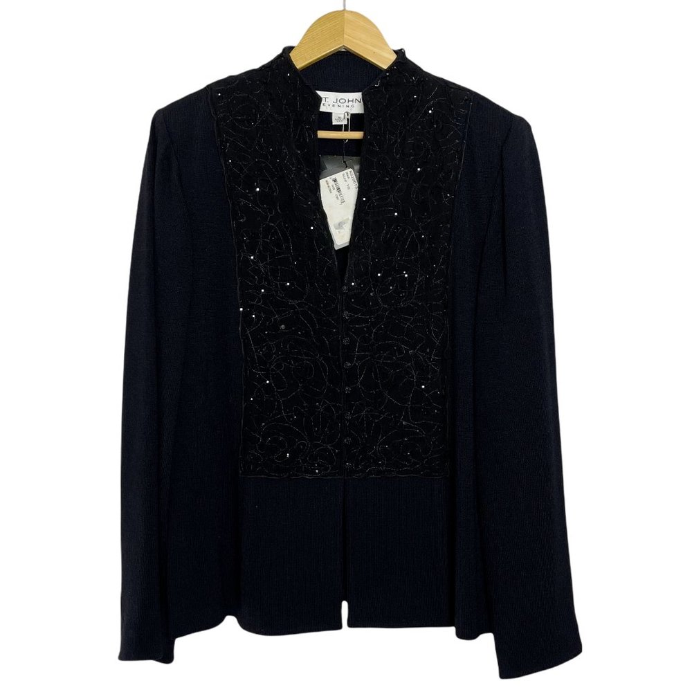 ST. JOHN Evening Wool Blend Knit Embroidered Black Jacket - Size 16